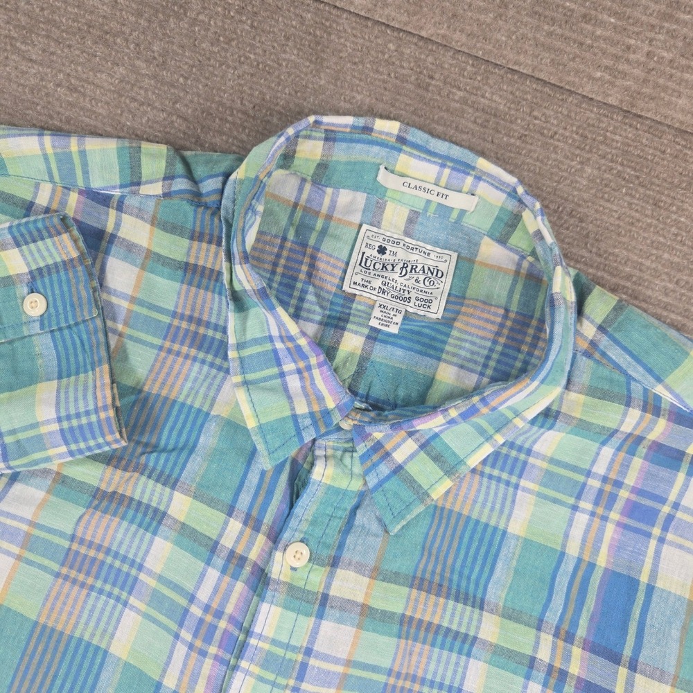 Lucky Brand Mens XXL Blue Green Plaid Cotton Linen Classic Fit Button Down Shirt